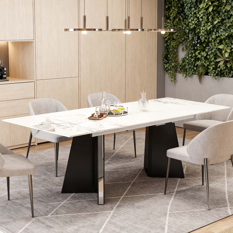Table de salle à manger extensible 94,48 "moderne, plateau en pierre frittée d'aspect marbre, base piédestal noire - sièges 8-10