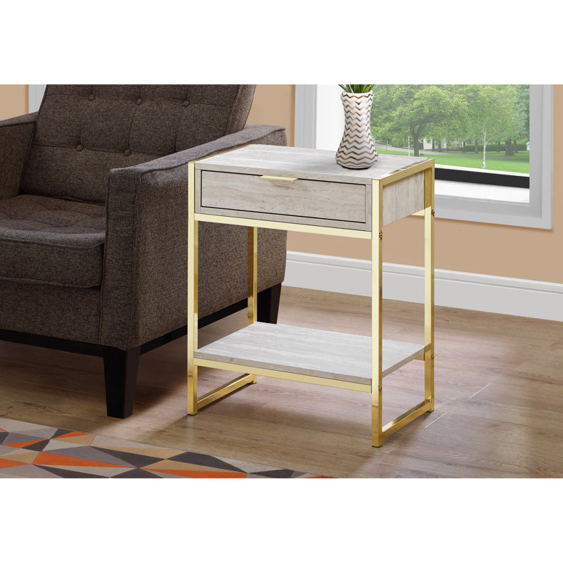 Table d'appoint en marbre beige avec tiroir spacieux et côté élégant en métal avec pieds de rangement dorés