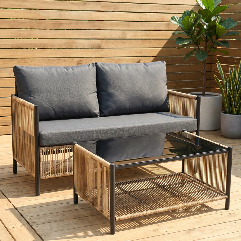 Ensemble de canapé d'extérieur 2 places avec table basse Modern - rotin PE, coussins gris, brun noir