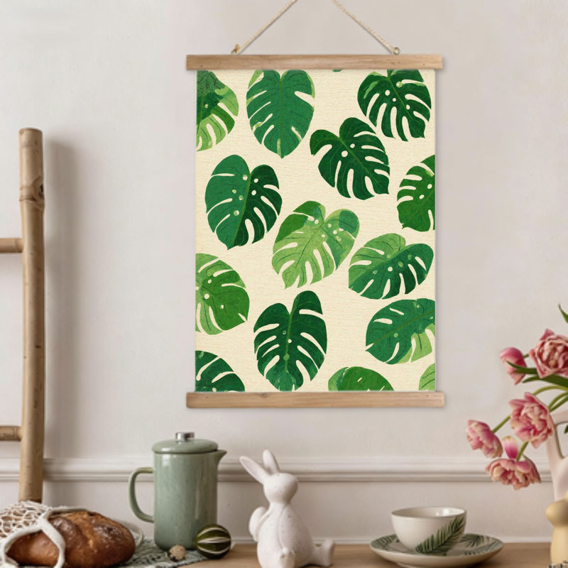 Motif de feuille Monstera, art mural à volutes suspendues, cintre en bois intégré, 16 x 24