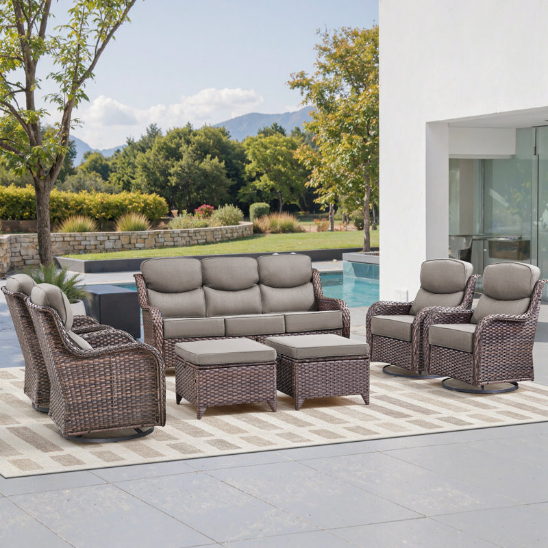 Wickes Haven 7-Person PE Wicker Outdoor Patio Conversation Set With 6" Thickness Cushions, Light Gray
