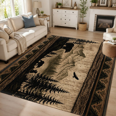 Tapis vintage en bois avec motif d'ours et d'aigle en forêt (1 pièce) - Résistant, lavable et antidérapant, idéal pour le salon, la chambre, la cuisine ou le bureau (usage intérieur).