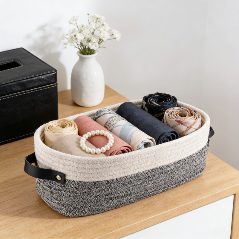 Cotton Rope Woven Storage Basket With Handles, 2-Pack Foldable Decorative Basket For Bathroom, Living Room, And Bedroom Organization