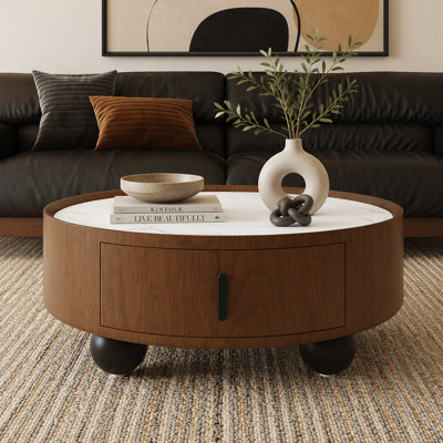 Table basse de 35,43 pouces à dessus en pierre ronde avec plateau de rangement à poignée en pierre et pieds en boule noir mat