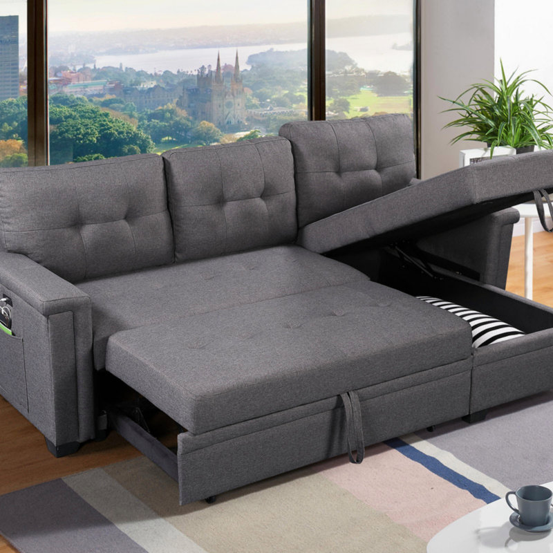 Canapé-lit modulaire réversible avec méridienne de rangement, ports de chargement USB et poche, Lin gris foncé