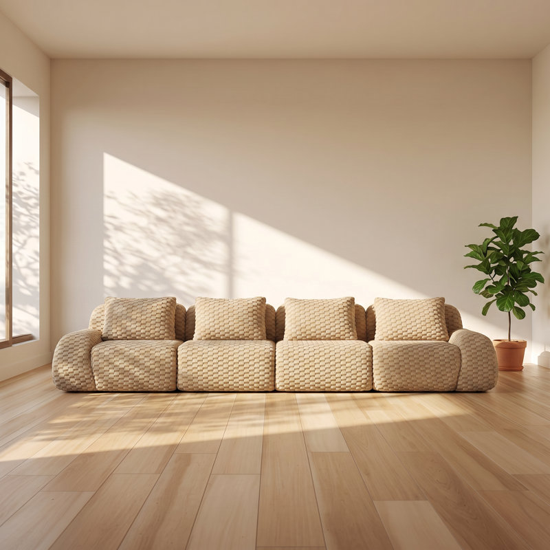 UI Furniture 146.4" W x 41.3" D x 33.1" H Light Camel Flannelette 4-Seater Modular Sectional Sofa, Beige Flannel, Symmetrical