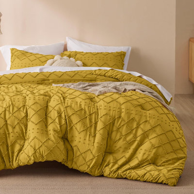 Ensemble d'édredon pour grand lit - édredon jaune moutarde, ensemble d'édredon touffeté Shabby Chic Boho, ensemble de literie de style campagnard rétro 3 pièces pour toutes les saisons, ensemble de literie moelleux avec 2 taies décoratives