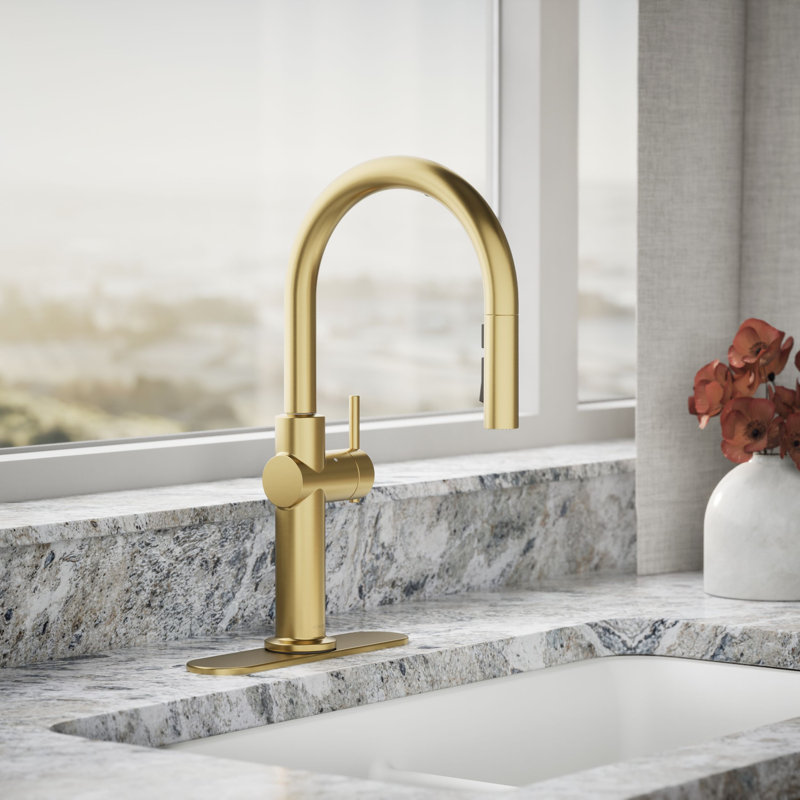Robinet d'évier de cuisine rétractable sans contact avec tête de pulvérisation à trois fonctions Kohler Crue, Laiton moderne