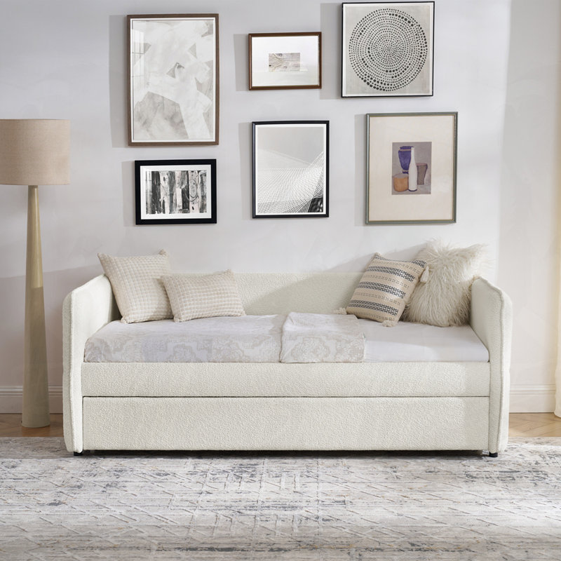Canapé-lit capitonné en tissu Boucle, Beige, Lit simple