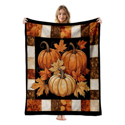 Plaid en flanelle polaire Jyk, léger, respirant, doux et chaud en microfibre pelucheuse, 76 x 102 cm, motif citrouilles encadré