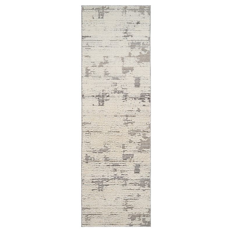 8' Gray And Cream Abstract Distressed Runner Rug