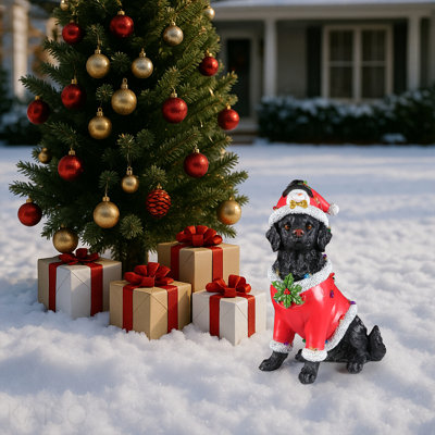 Statue de Noël de chien, figurine de chien de Noël en tenue de père Noël rouge