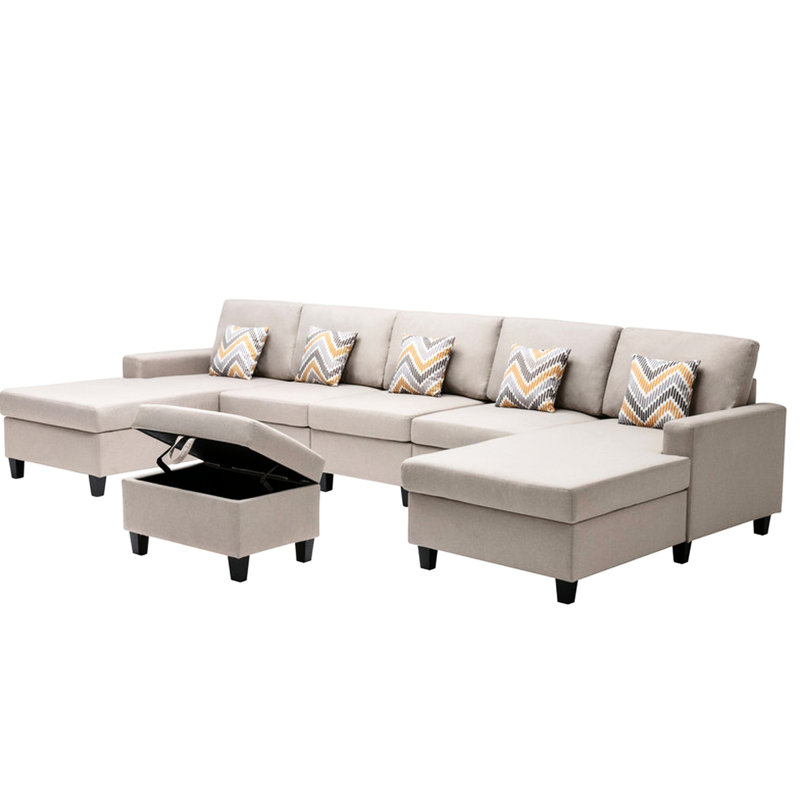 Canapé modulaire double 6 pièces avec lin beige, pieds interchangeables, coussins décoratifs, pieds décoratifs