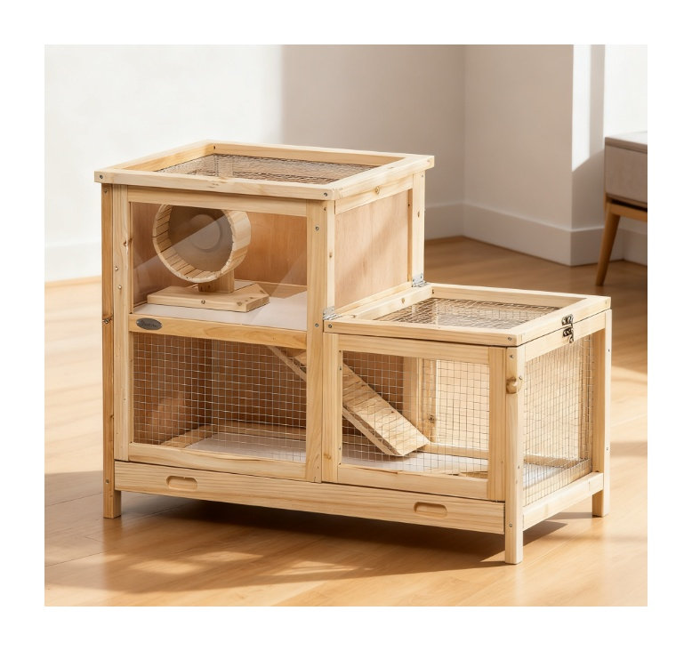 2-Tier Wooden Hamster Cage with Glass Front, Seesaw, Hut and Running Wheel - Natural Wood Finish