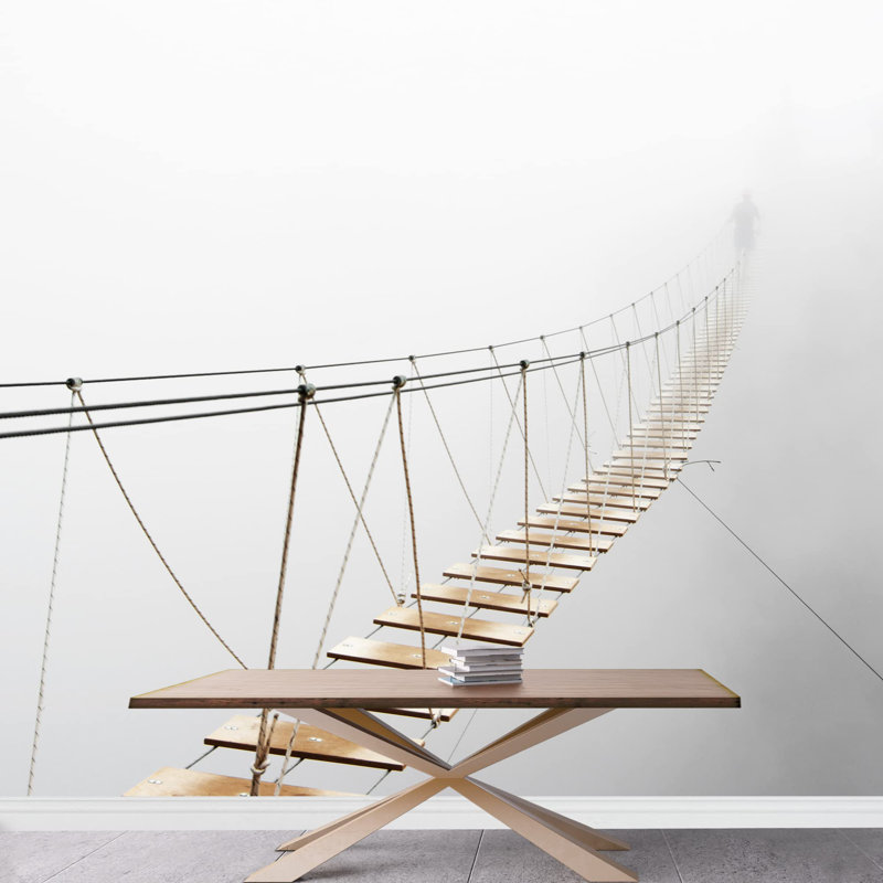 Fuzzy Man Walking on Hanging Bridge Vanishing in Fog Self-Adhesive Large Wallpaper, 66" L x 96" W