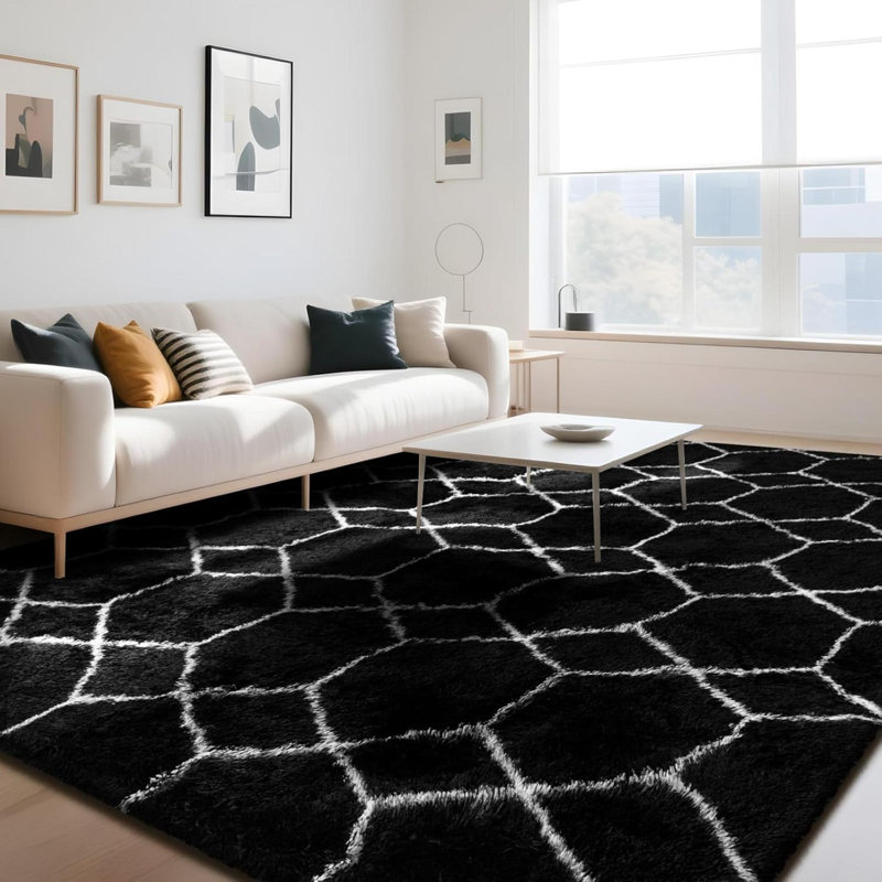 Rectangle 160 cm x 230 cm Geometric Shaggy Washable Area Rug, Black