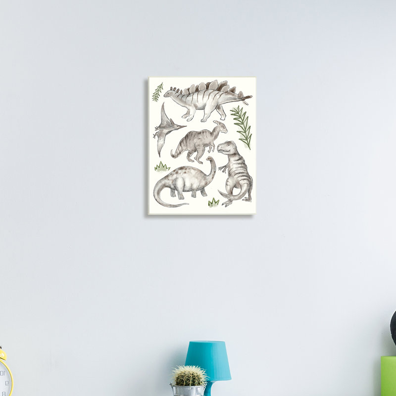 Dinosaures gris ludiques, plantes vertes minimes, H 15 po x l 10 po, Plaque murale