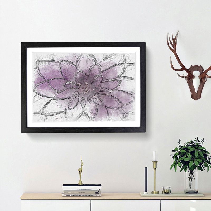 Pink Dahlia Flower Sketch - Picture Frame Graphic Art Print, Black Framed, 36cm H x 48cm W x 2cm D