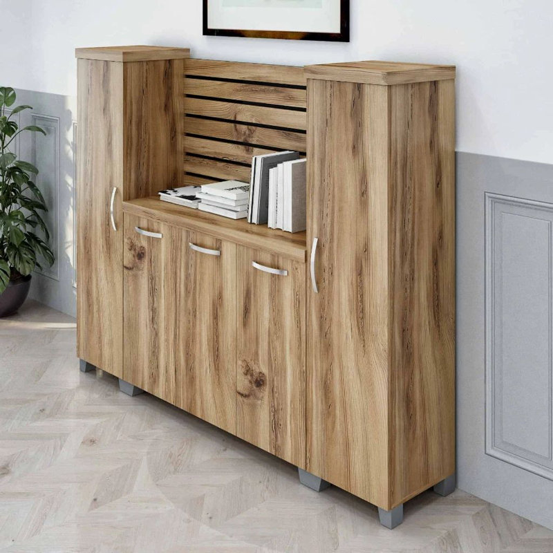 ELISE 87" Modern Home Office Furniture Set with Executive Desk, Filing Cabinet, Storage Cabinet & Coffee Table in Rustic Brown & Black