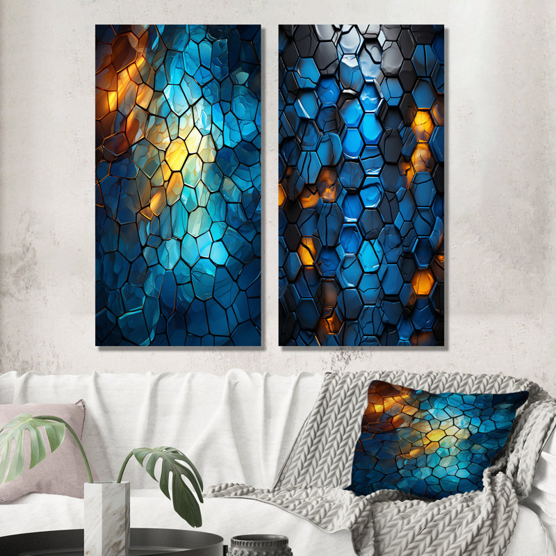 Fractale bleue et jaune mosaïque I - formes abstraites modernes, ensemble de 2 impressions sur toile, Toile tendue