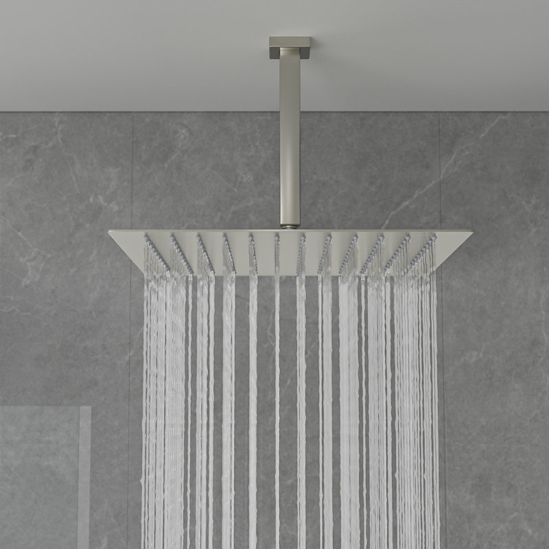 Ceiling Mount Ultra Thin Rainfall Shower Head Square Overhead Shower, 2.5 GPM, Brushed Nickel, 16" Width