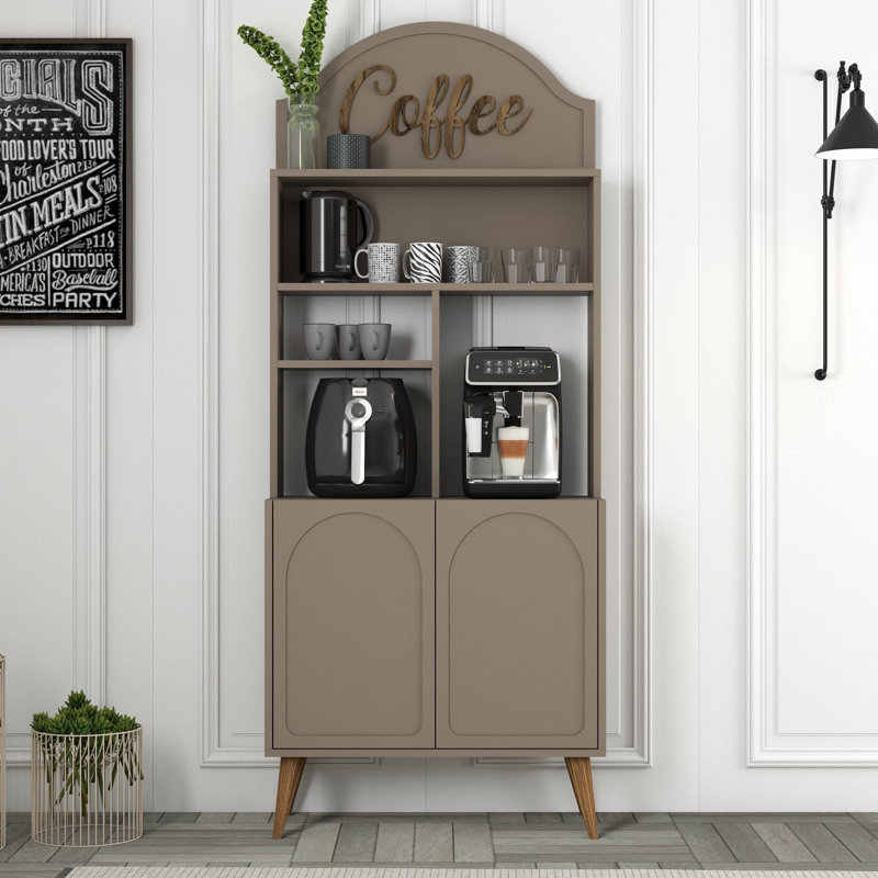 Bar à café moderne, finition atlas et noyer, 32,0 x 79,1 x 13,8 pouces | 100% panneau de particules enduit de mélamine, épaisseur: 0,7 pouce | Plusieurs tablettes, design élégant et fonctionnel pour le divertissement à domicile