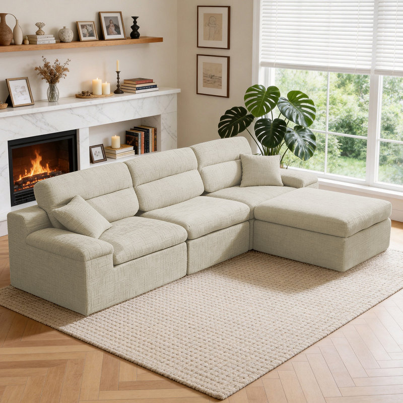Canapé d'angle avec dossier haut, canapé en L avec chenille flammée, coussin éponge haute densité compressé, canapé sans assemblage peu encombrant