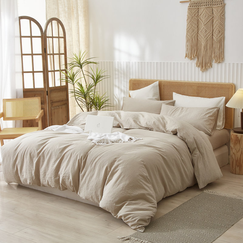 Ensemble de housse de couette 100% coton lavé Doneus, Housse de couette très grand + 2 taies d'oreiller, Beige