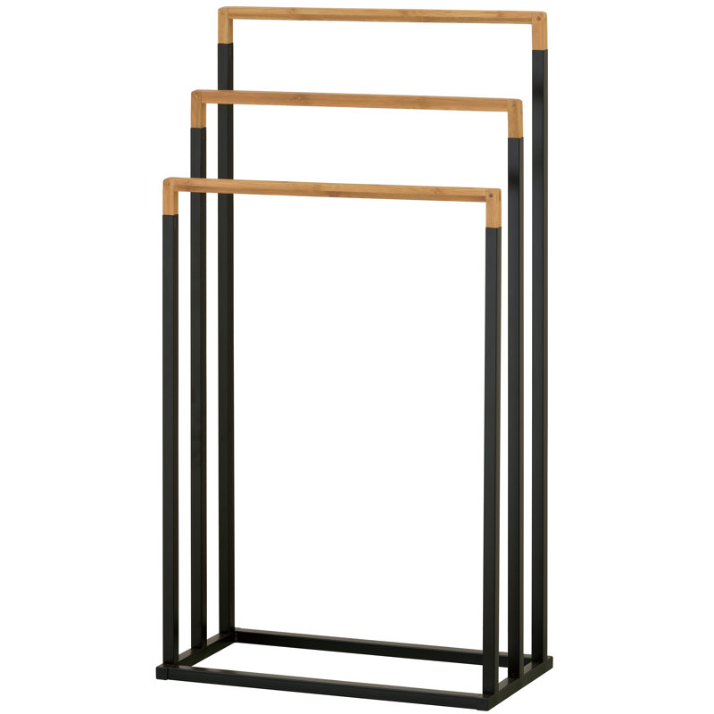 Black Metal and Bamboo 3-Tier Freestanding Towel Rack