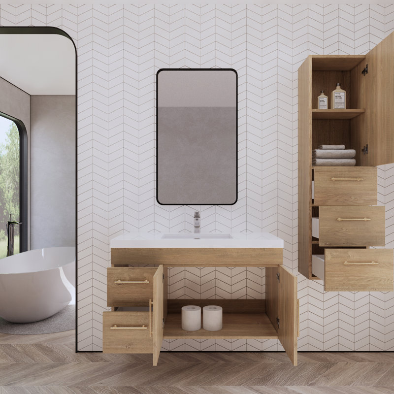Dessens 41.9'' Single Bathroom Vanity with Acrylic Top, Oak