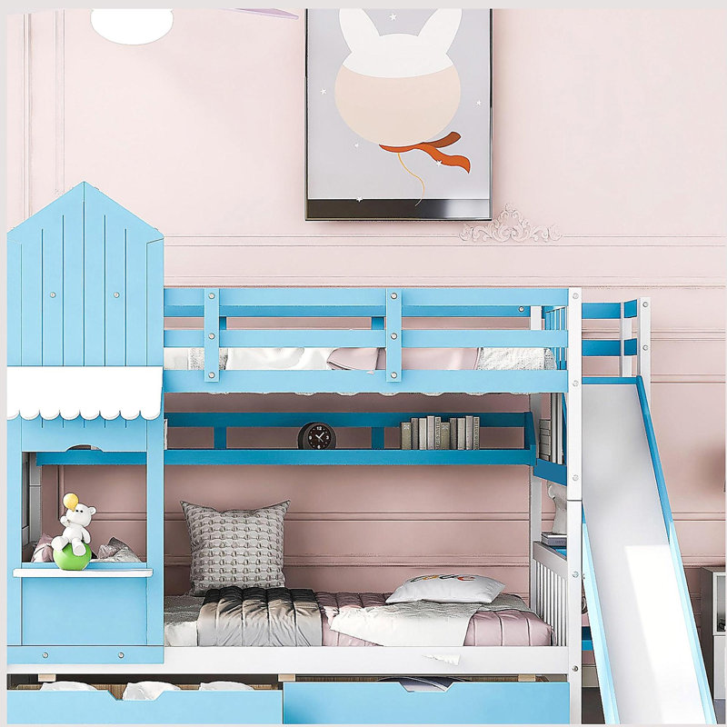 Lit double double avec 2 tiroirs, 3 tablettes de rangement et glissière - bleu, Lit simple, Bleu