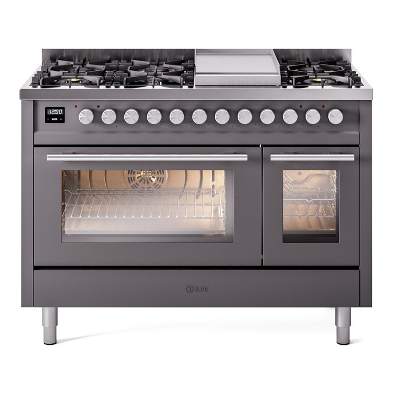 ILVE Professional Plus II 48 cuisinière à double combustible, 8 brûleurs scellés, plaque chauffante (graphite mat)
