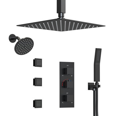Thermostatic Dual Showerheads System, Ceiling Mount 12" High-Pressure Rainfall Shower Faucet with Handheld Spray