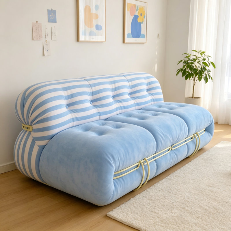 Simple and Stylish Blue Fabric Three-seater Sofa
