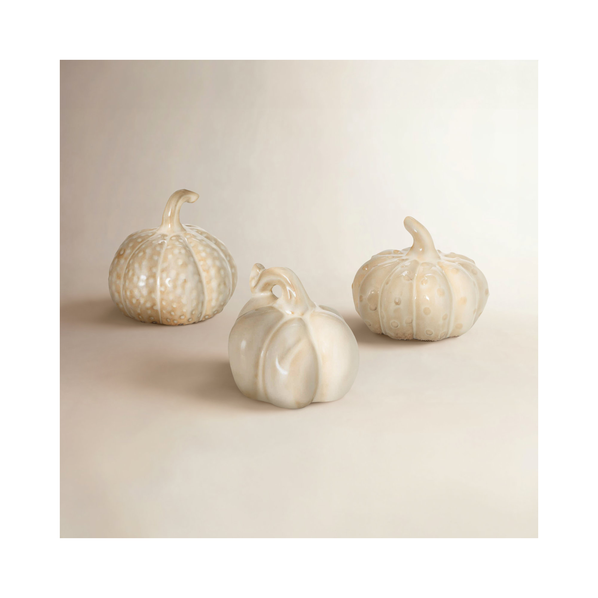3", 3.25" & 3" Stoneware Cream Pumpkin Trio Set of 3, Cream