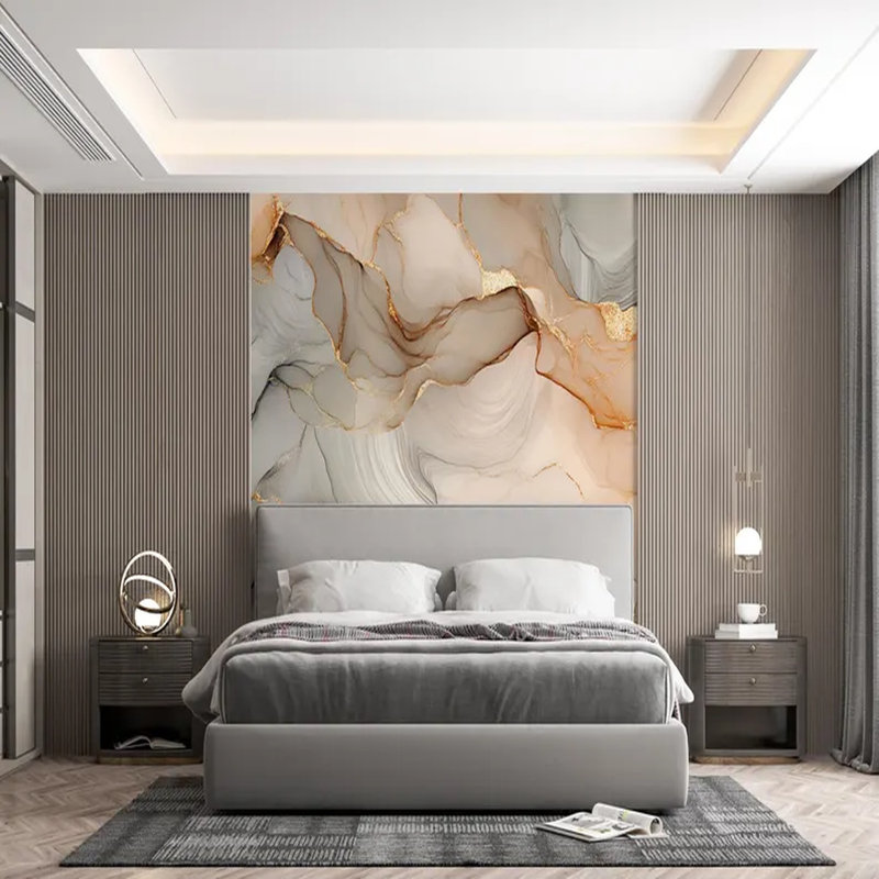 Papier peint abstrait en marbre Golden Beige Flow, L 192 po x l 108 po