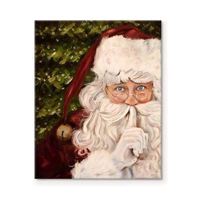 Reproduction d'art rétro sur toile, père Noël ludique avec un geste de Shush, impression sur toile, peinture à l'huile de Noël nostalgique, œuvre d'art de Noël de saison