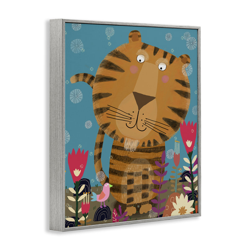 Tigrée bohème et fleurs, estampe numérique, design par Carla Daly, H 14 po x l 11 po, Giclée de ferme grise encadrée