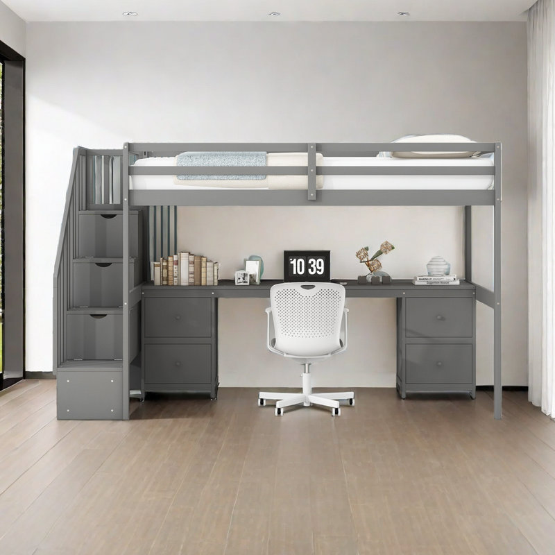Structure de lit simple de taille mezzanine avec bureau intégré et tiroirs de rangement doubles, Gris