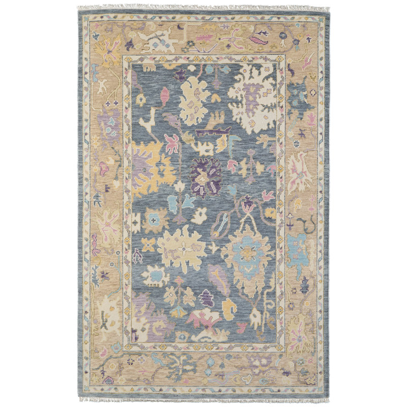 Karina Hand-Knotted Wool Area Rug in Blue/Beige, Square 1'6"