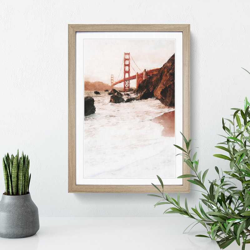 Golden Gate Bridge in San Francisco Abstract - Picture Frame Painting Print on MDF, 45cm H x 33cm W x 2cm D, Oak Framed