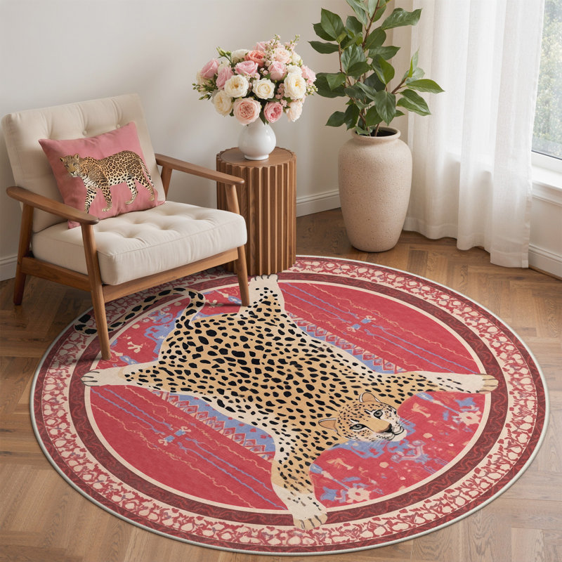 Tapis rose à imprimé léopard Alinda, Rond 5 pi, Pink