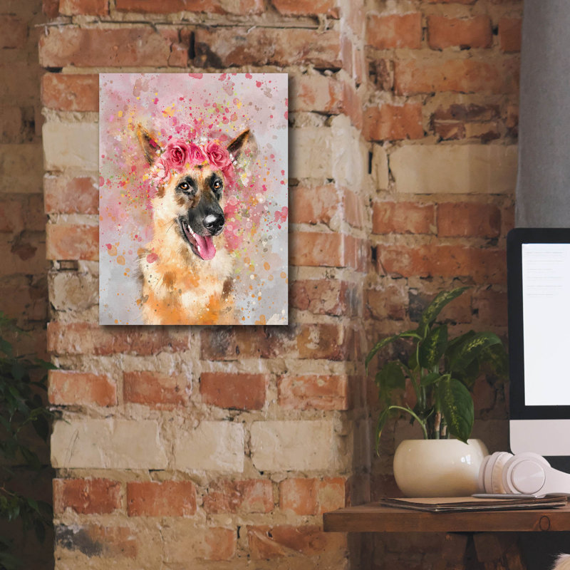 «Flower Crown German Shepherd» par Furbaby Affiliates, art mural sur toile, H 16 po x l 12 po x P 0,75 po