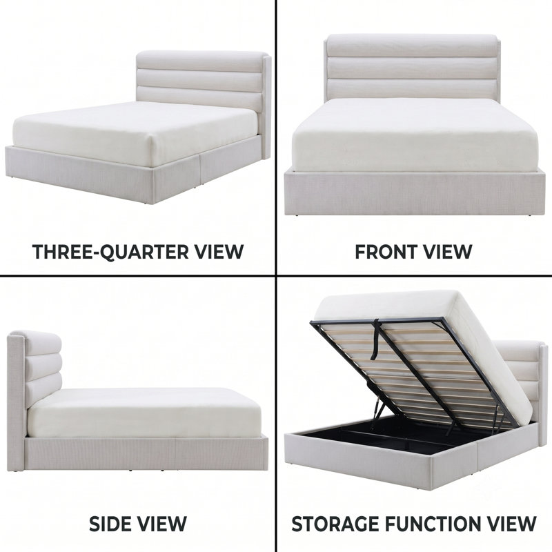 Upholstered Lift-Up Storage Platform Bed, Queen, Ivory