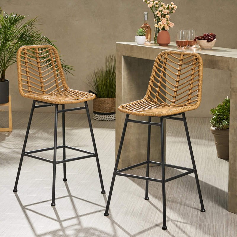2 tabourets de bar d'extérieur - look moderne, pieds inclinés, structure en fer noir,
