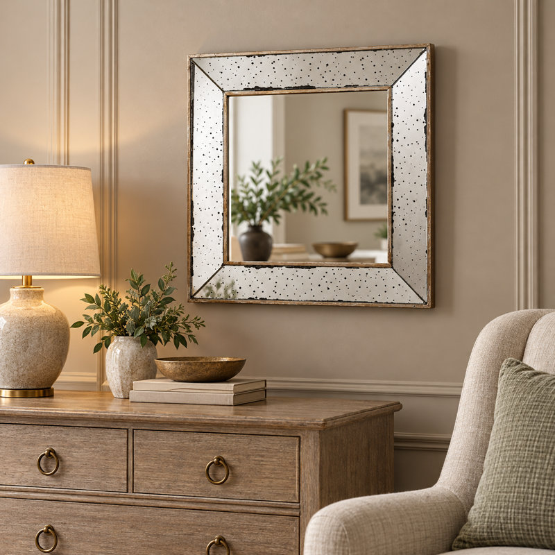 Miroir d'appoint 18 po x 18 po à finition argent vieilli, miroir mural de style traditionnel pour salon, entrée, bureau, chambre à coucher, couloir
