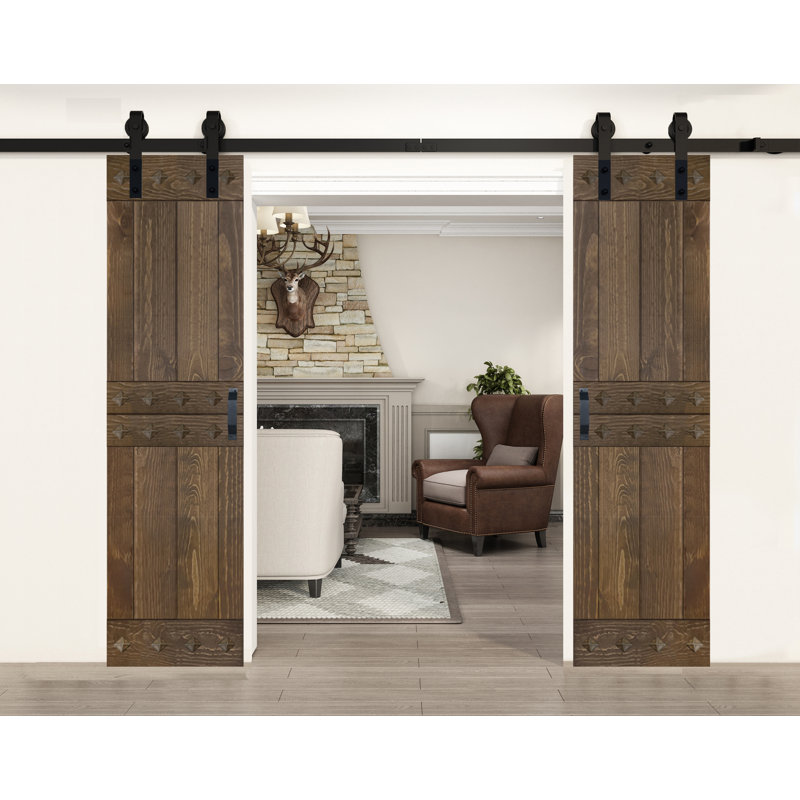 Porte de grange à panneaux et en bois avec quincaillerie d'installation, 48 po x 84 po, Noyer foncé