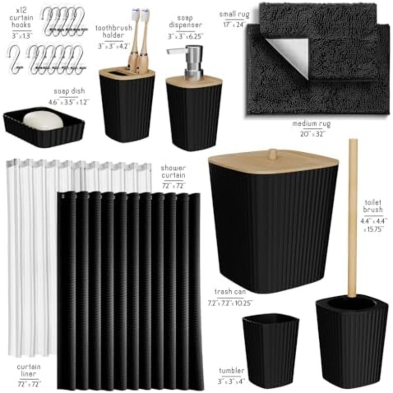Bathroom Accessories Set - Bathroom Set, Bathroom Sets With Shower Curtain And Rugs, Shower Curtain Set With Bathroom Trash Can - Black - 22PC