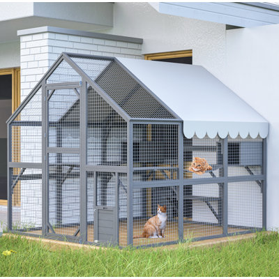 Premium Cat Run Large Outdoor Enclosure, Wooden Catio Kitty Mansion with Suspension Bridges, Strolling Paths, Cozy Cabins, Protective Roof Cover,74.02"*74.02"