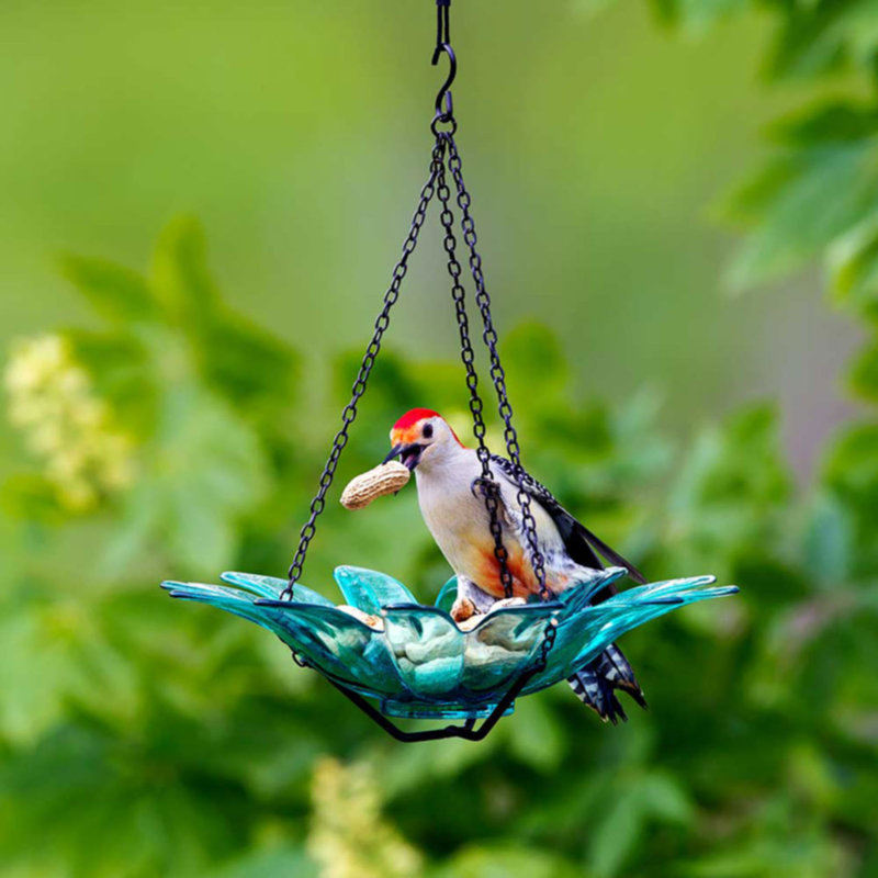 Daisy Recycled Glass Tray Bird Feeder - Hanging Petal Bowl - Aqua Blue, Aqua Blue